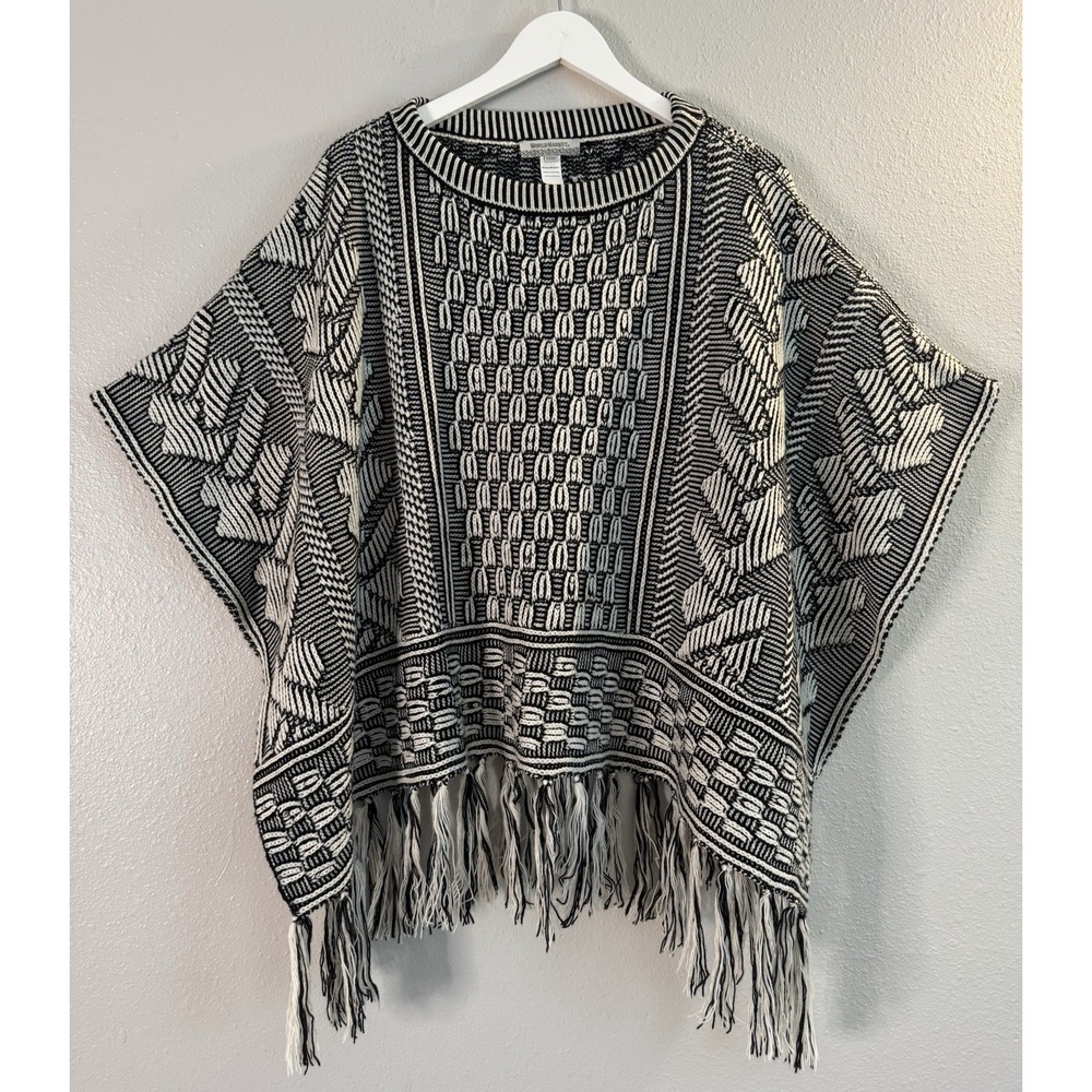 World Market Black White Knit Poncho Sweater Fringe Boho Southwestern One Size
